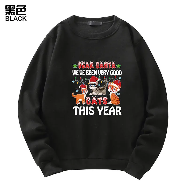 Men's Christmas Cat Print Crew Neck Sweatshirt