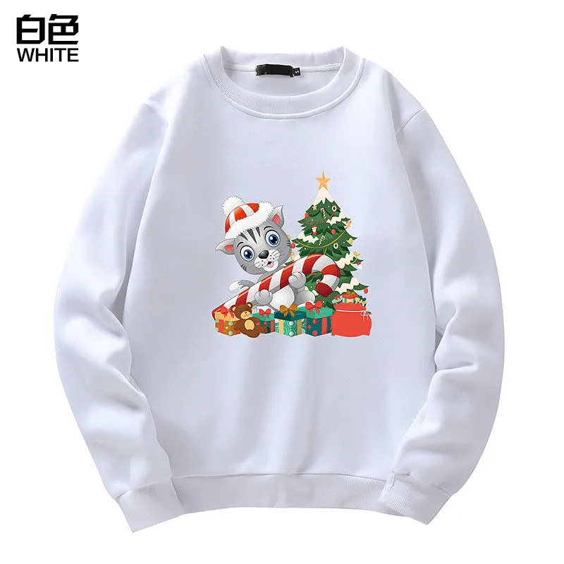 Men's Christmas Cat Print Crew Neck Sweatshirt