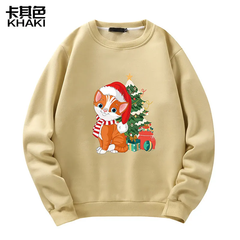 Men's Christmas Cat Print Crew Neck Sweatshirt