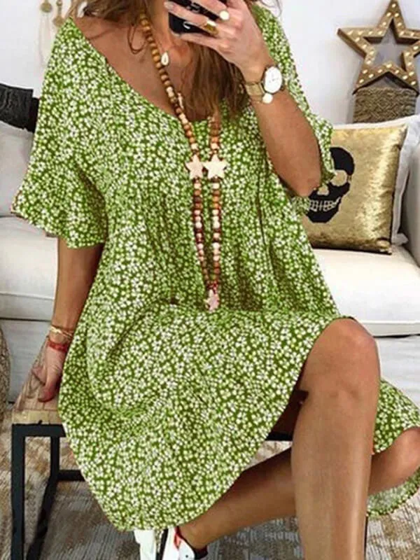 Prettybeautie Printed V-Neck Bell-Sleeve Dress