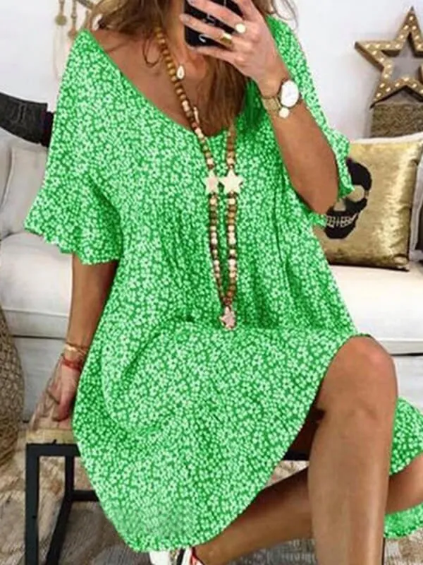 Prettybeautie Printed V-Neck Bell-Sleeve Dress