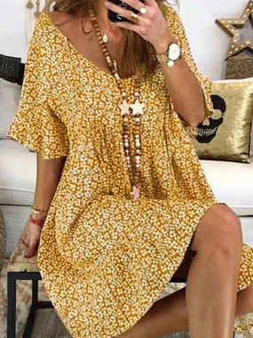 Prettybeautie Printed V-Neck Bell-Sleeve Dress
