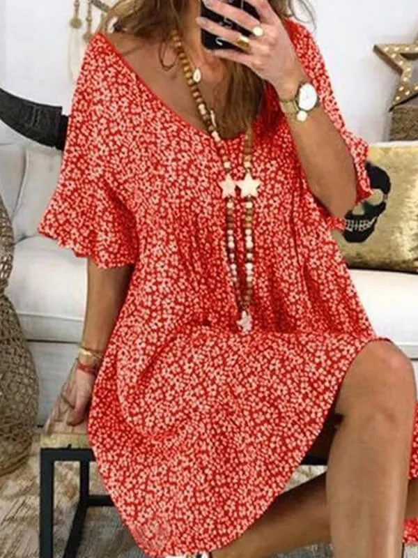 Prettybeautie Printed V-Neck Bell-Sleeve Dress