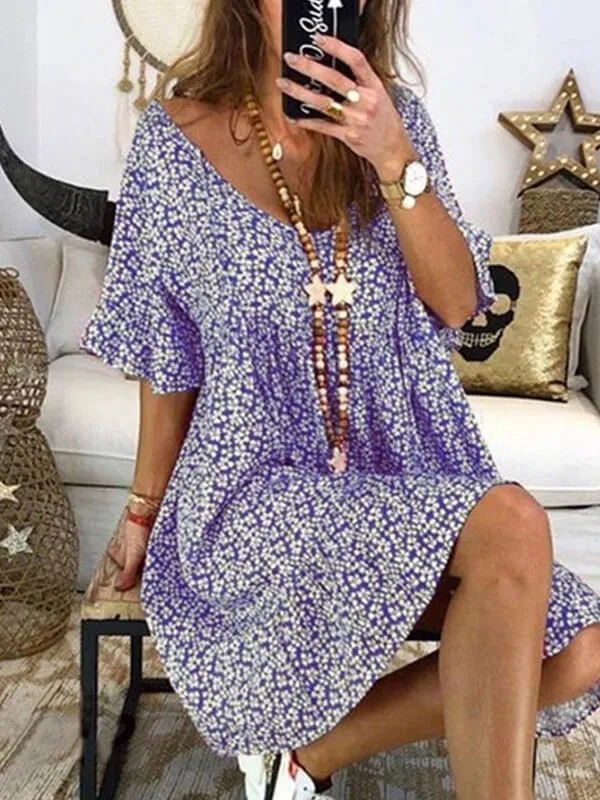 Prettybeautie Printed V-Neck Bell-Sleeve Dress