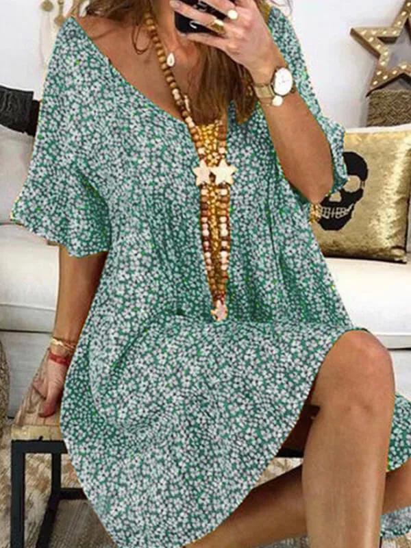 Prettybeautie Printed V-Neck Bell-Sleeve Dress