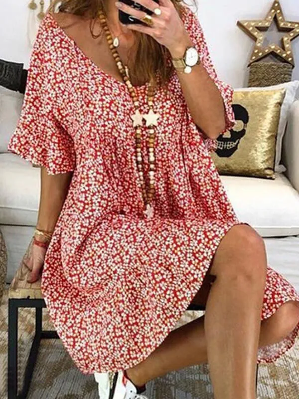 Prettybeautie Printed V-Neck Bell-Sleeve Dress