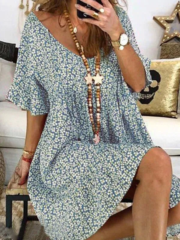 Prettybeautie Printed V-Neck Bell-Sleeve Dress