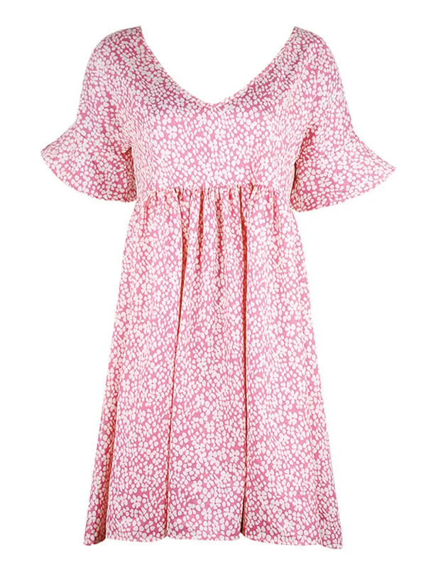 Prettybeautie Printed V-Neck Bell-Sleeve Dress