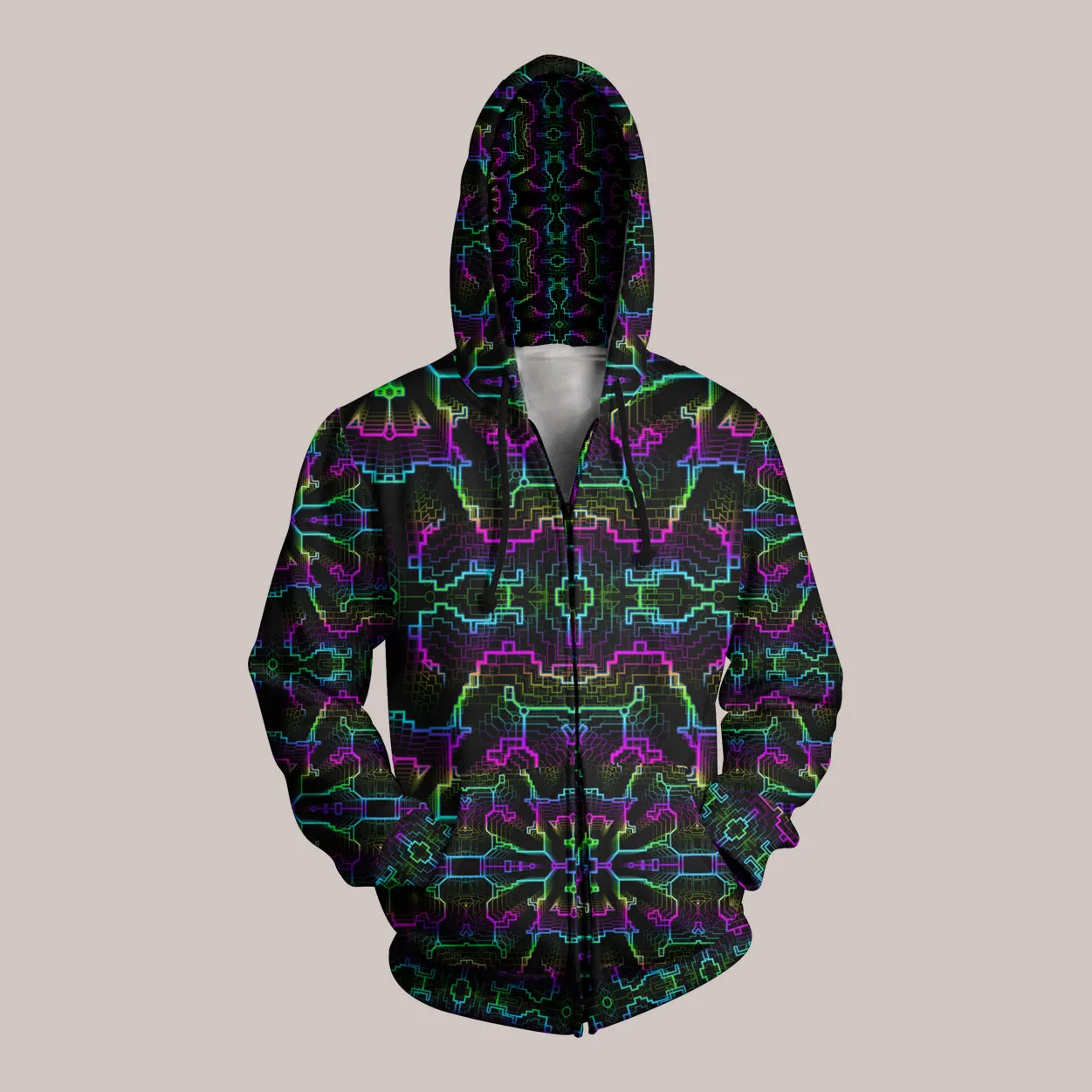 Techno Shamanic RGB Hoodie – Electric Tribal Psychedelic Art