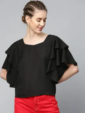 Women Black Frilly Sleeve Back Detail Top