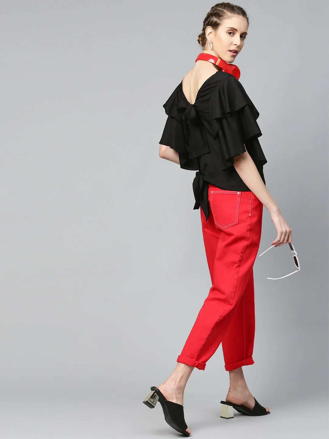 Women Black Frilly Sleeve Back Detail Top