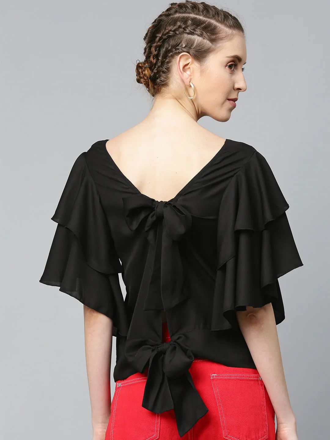 Women Black Frilly Sleeve Back Detail Top