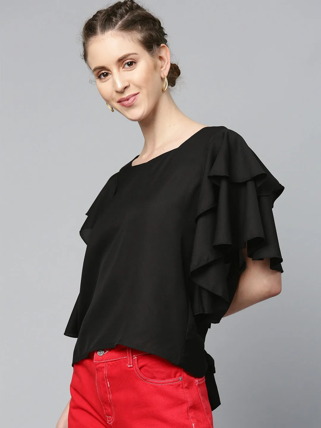 Women Black Frilly Sleeve Back Detail Top