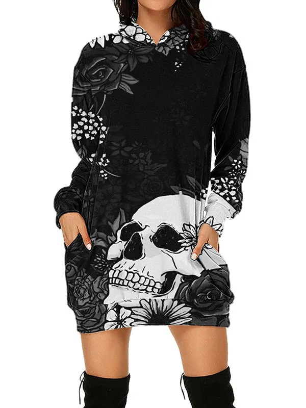 Women Halloween Rose Skull Graphic Print Hoodies