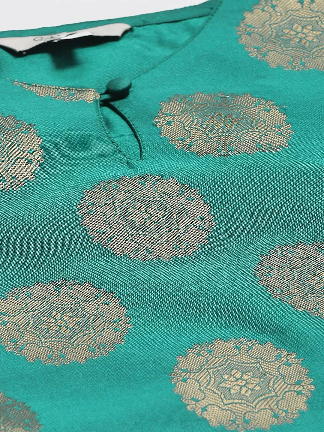 Women'S Teal Green & Golden Woven Design Kurta With Palazzos