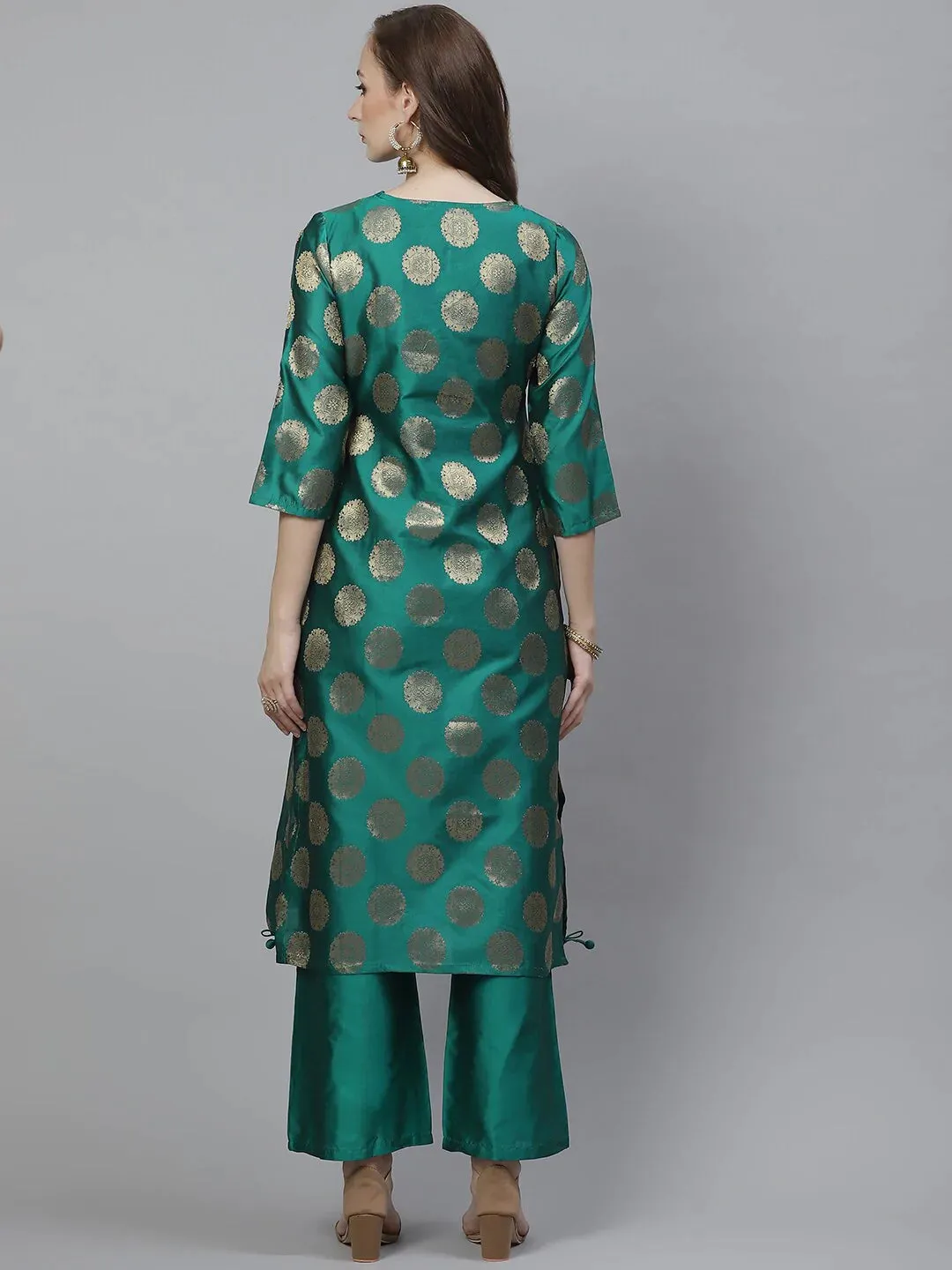 Women'S Teal Green & Golden Woven Design Kurta With Palazzos