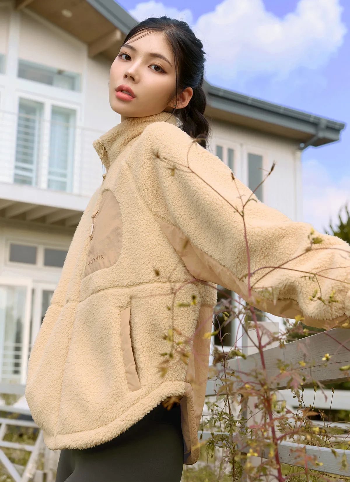 Woven Patch Fleece Zip up Jacket