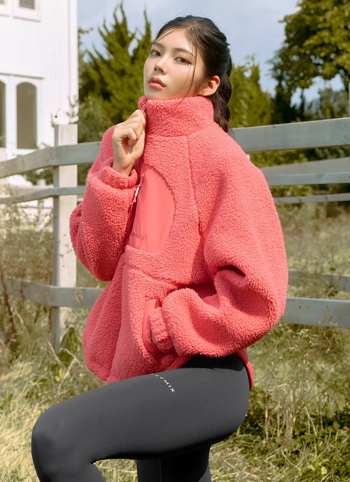 Woven Patch Fleece Zip up Jacket