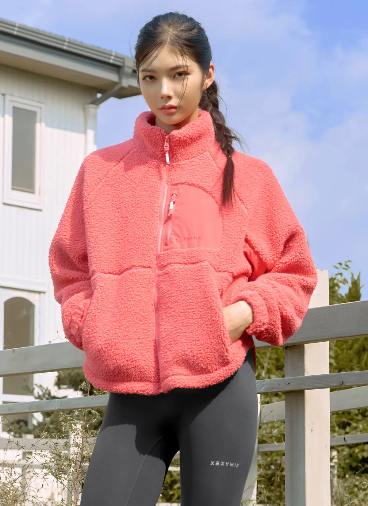 Woven Patch Fleece Zip up Jacket