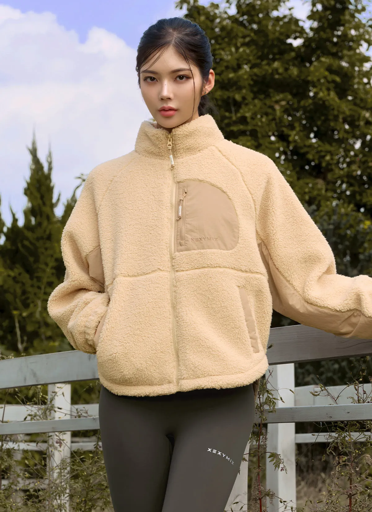 Woven Patch Fleece Zip up Jacket