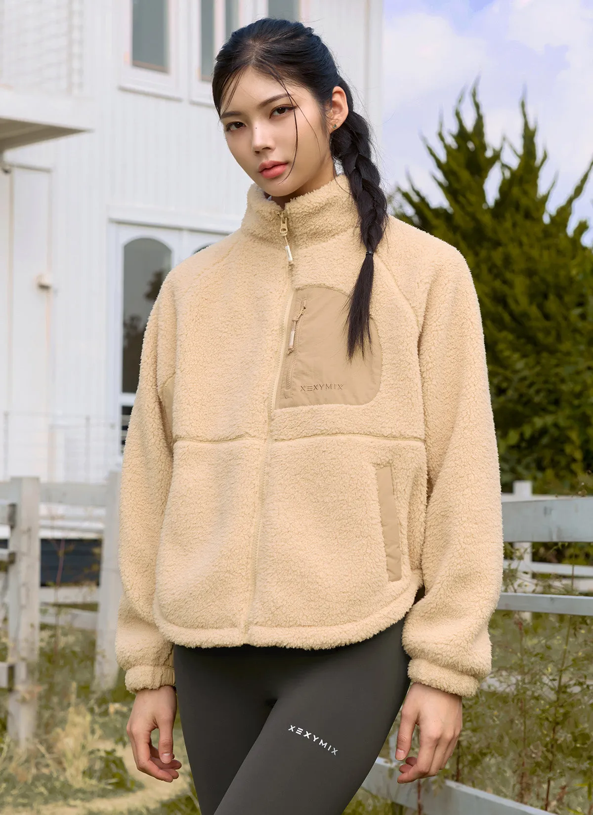 Woven Patch Fleece Zip up Jacket
