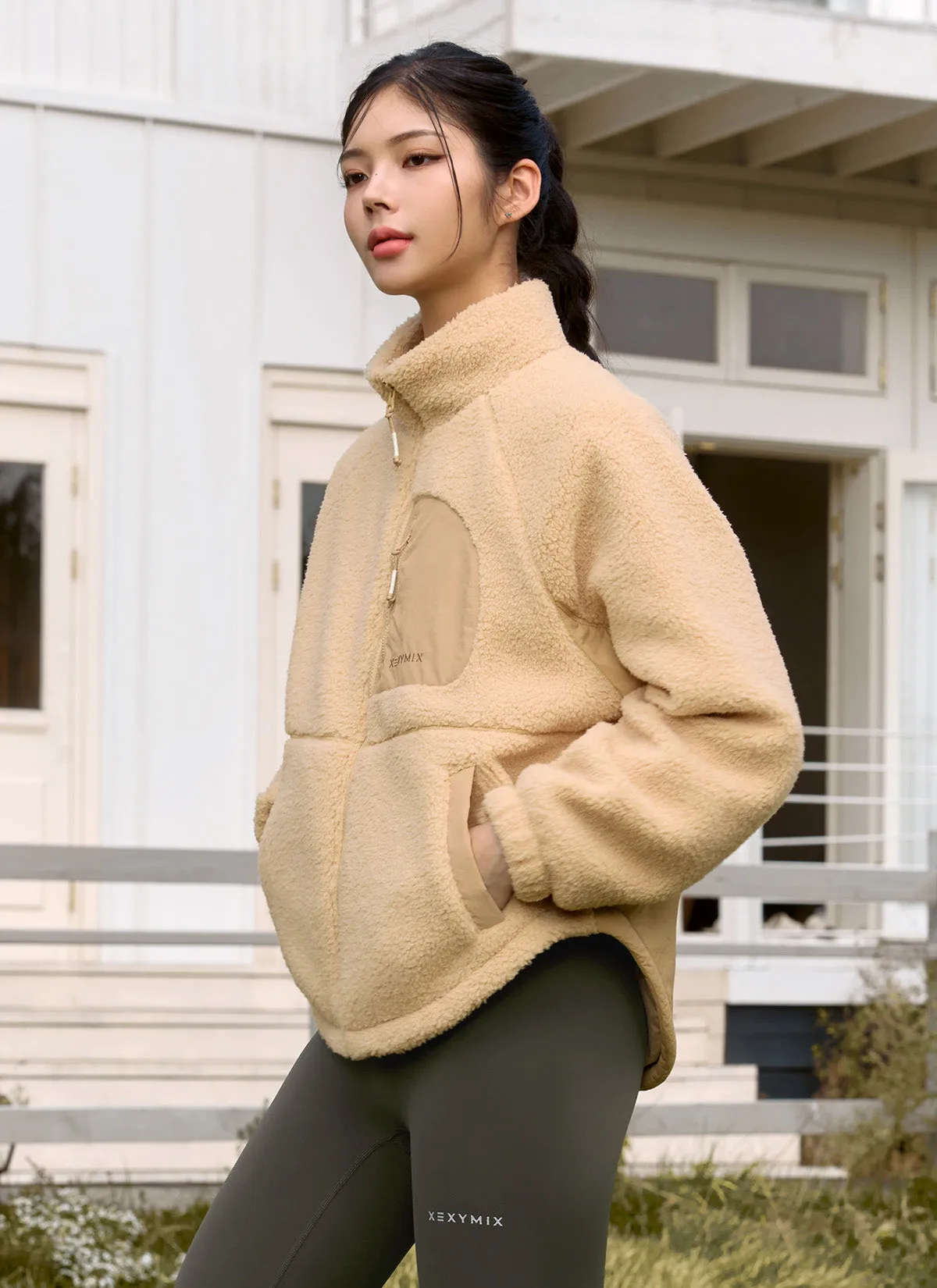 Woven Patch Fleece Zip up Jacket