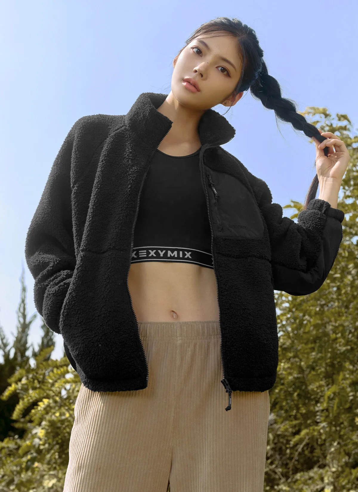 Woven Patch Fleece Zip up Jacket