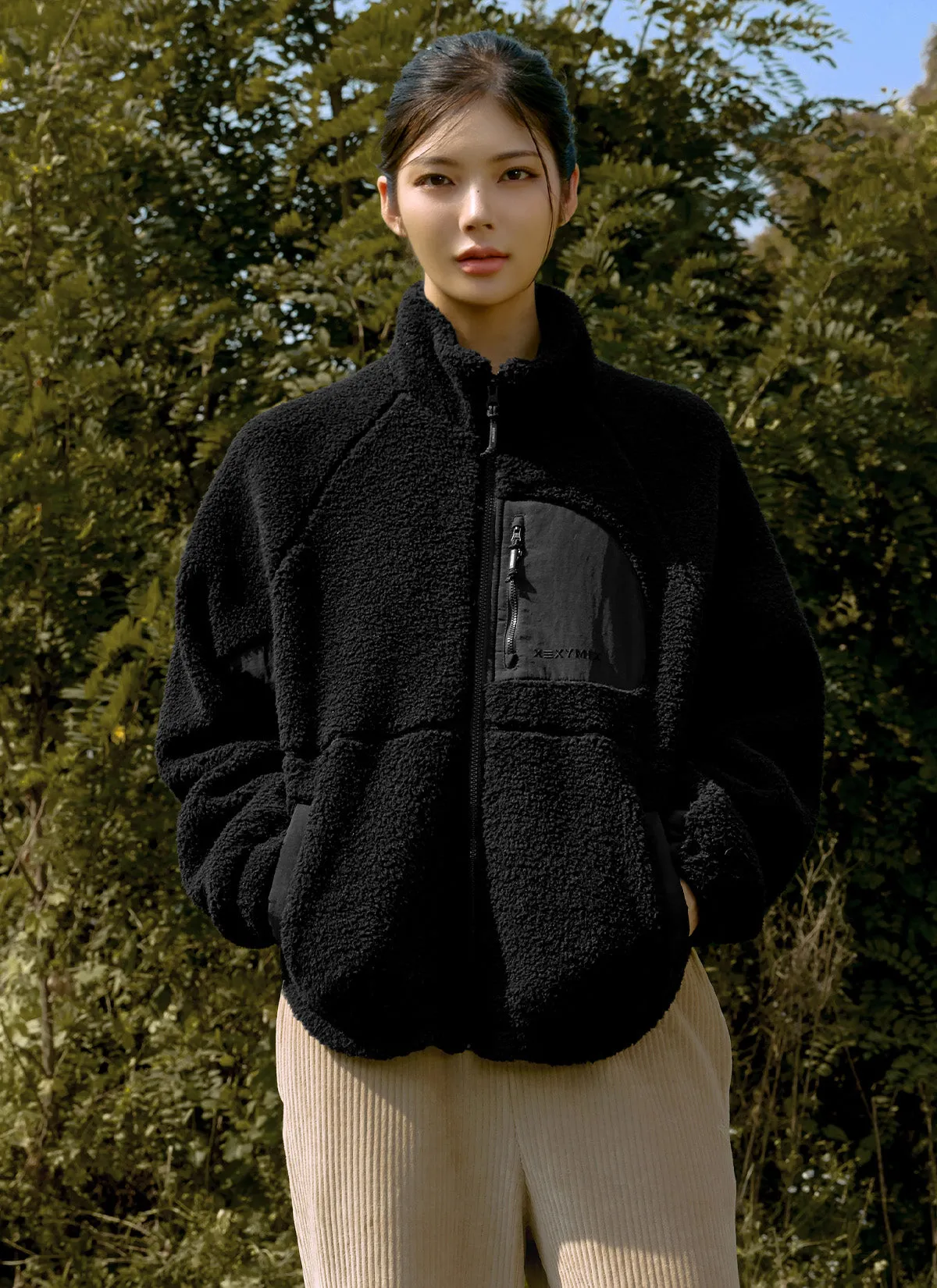 Woven Patch Fleece Zip up Jacket